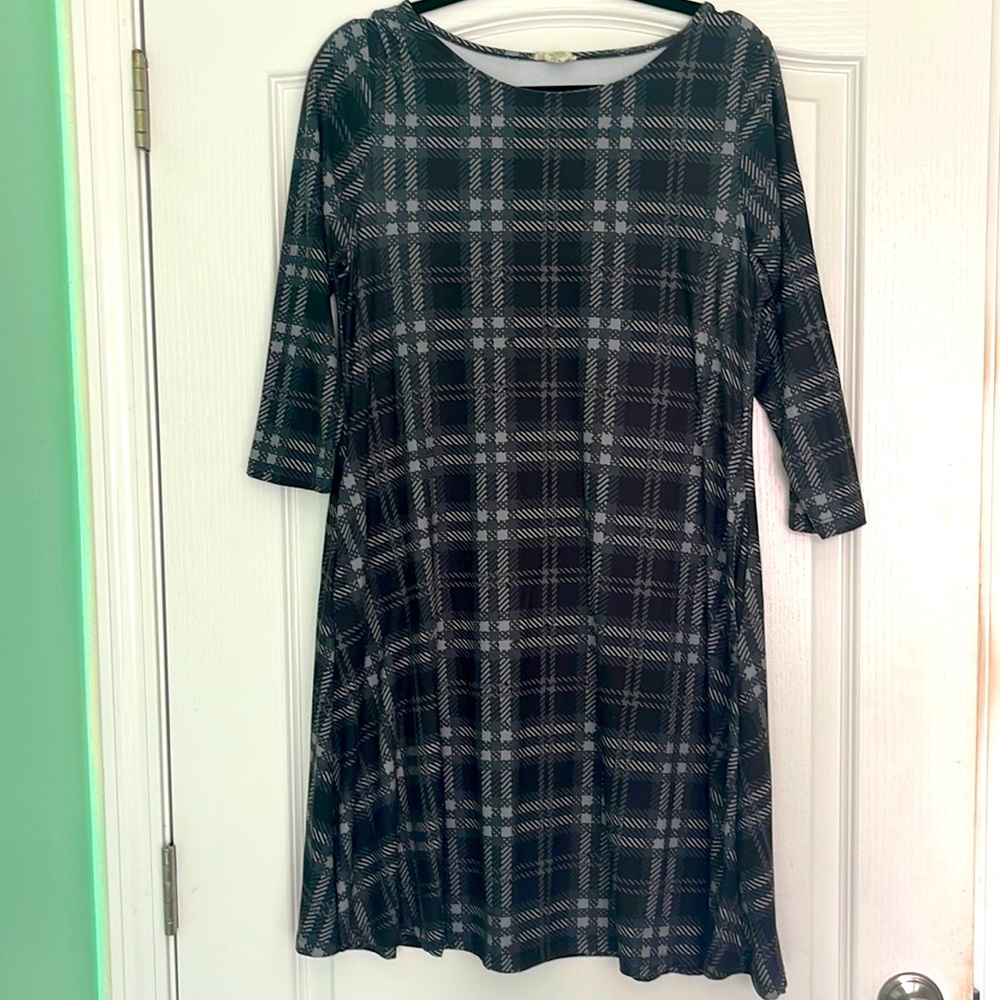 Grey Plaid Swing Dress with Hidden Pockets